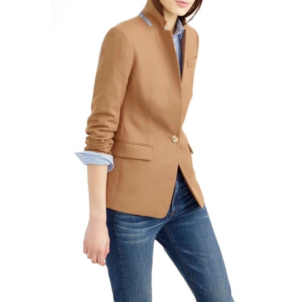 J. Crew Regent 0P Wool Blazer Jacket Brown Tan Mandarin Collar Button Front